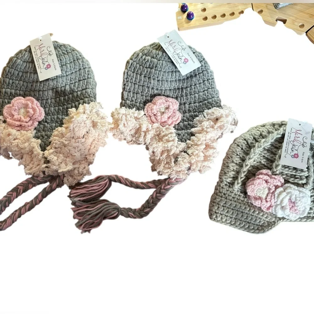 Bundle New Marili Jean Chunky Knit Floral Winter Hats Infant-Toddler
